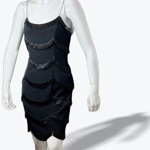 Vintage Niteline Whimsigoth Flapper Cocktail Dress Heavy Metal Beading Fringe 6